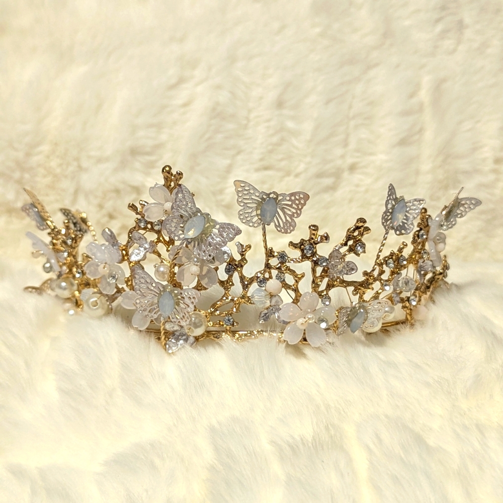 Golden Butterfly Holographic Gem Rhinestone Tiara Crown Nature Flower Jewel